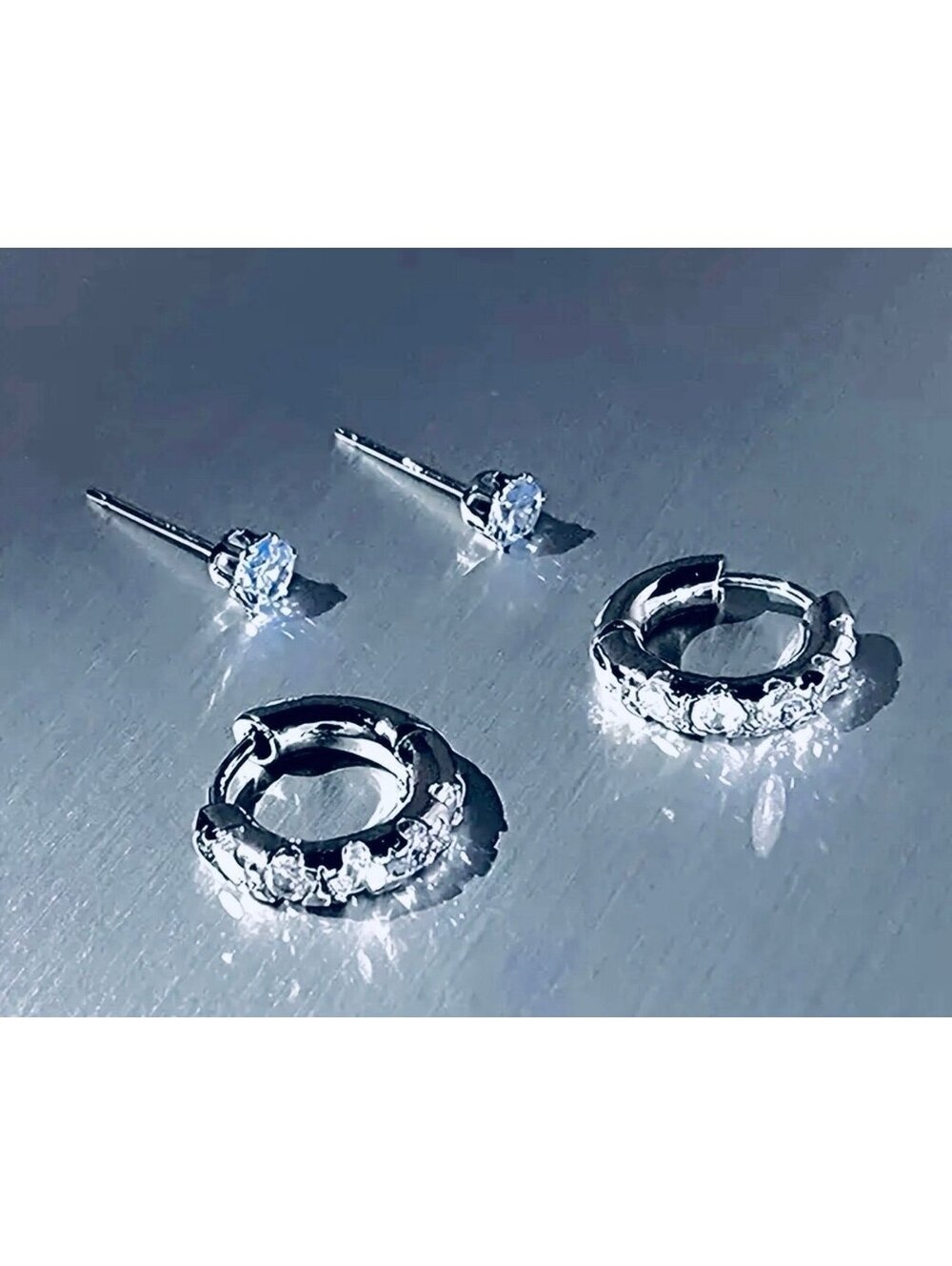 New - 2 Sets Matching Silver w/Inlaid Cubic Zirconia Earrings - Huggies & Studs